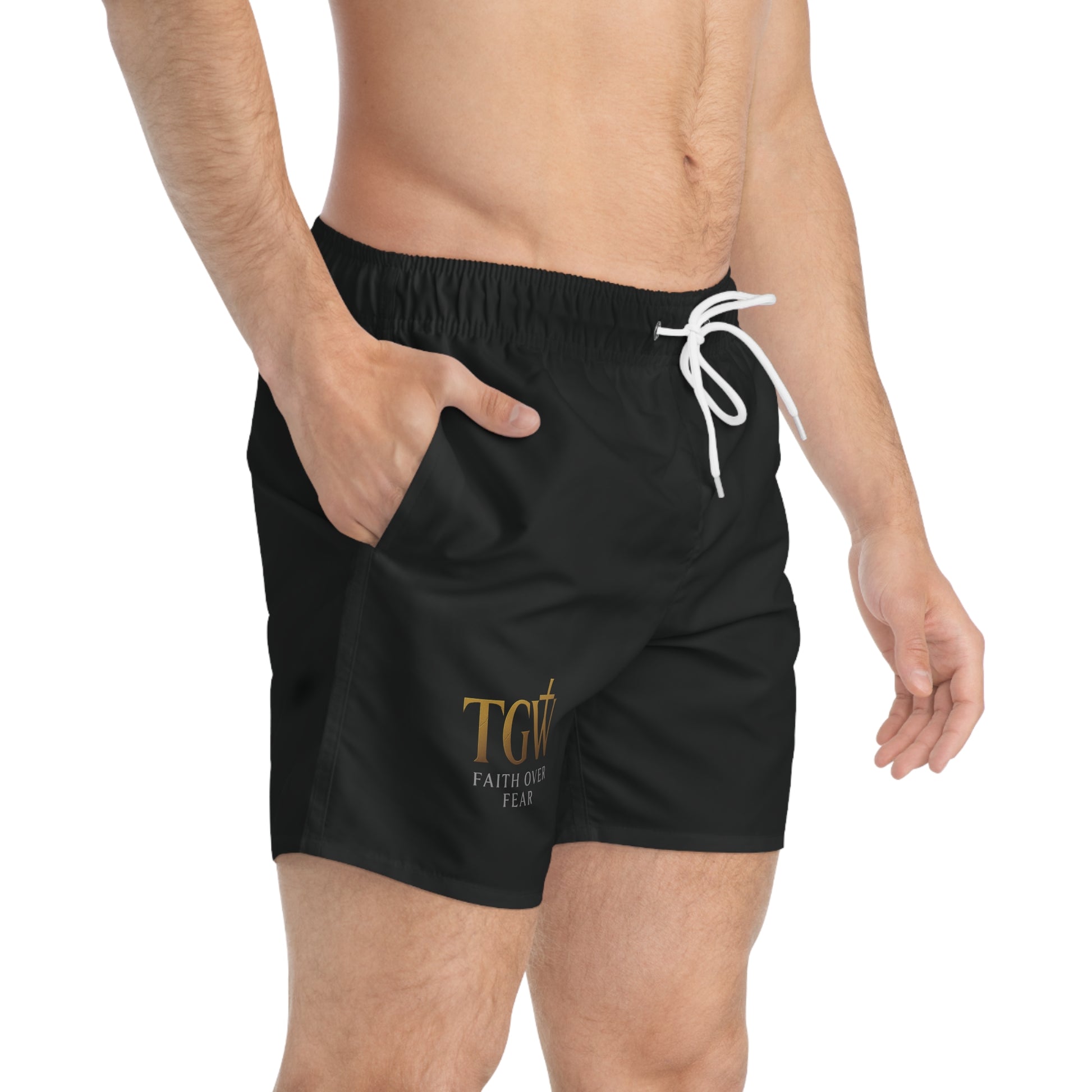 Faith Over Fear Swim Trunks, Comfortable Beachwear, Summer Swim Shorts, Trendy Poolside Attire, Men's Swimwear