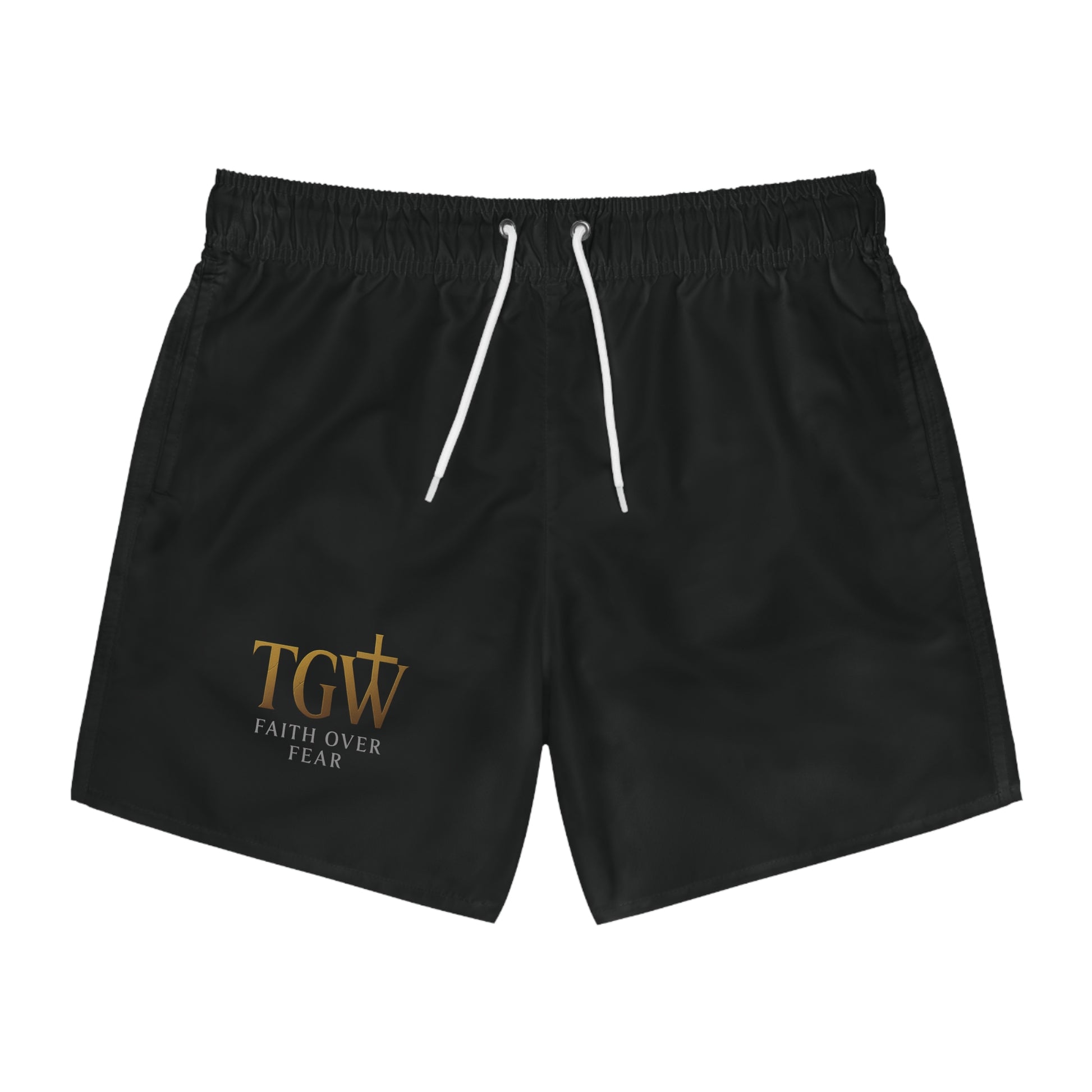 Faith Over Fear Swim Trunks, Comfortable Beachwear, Summer Swim Shorts, Trendy Poolside Attire, Men's Swimwear