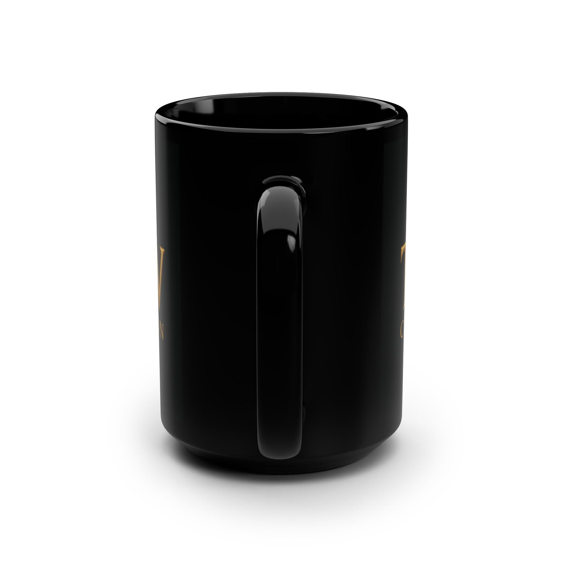 Elegant Black Mug with Golden Logo, Coffee Lover Gift, Stylish Tea Cup, Home Office Decor, Birthday Present Idea