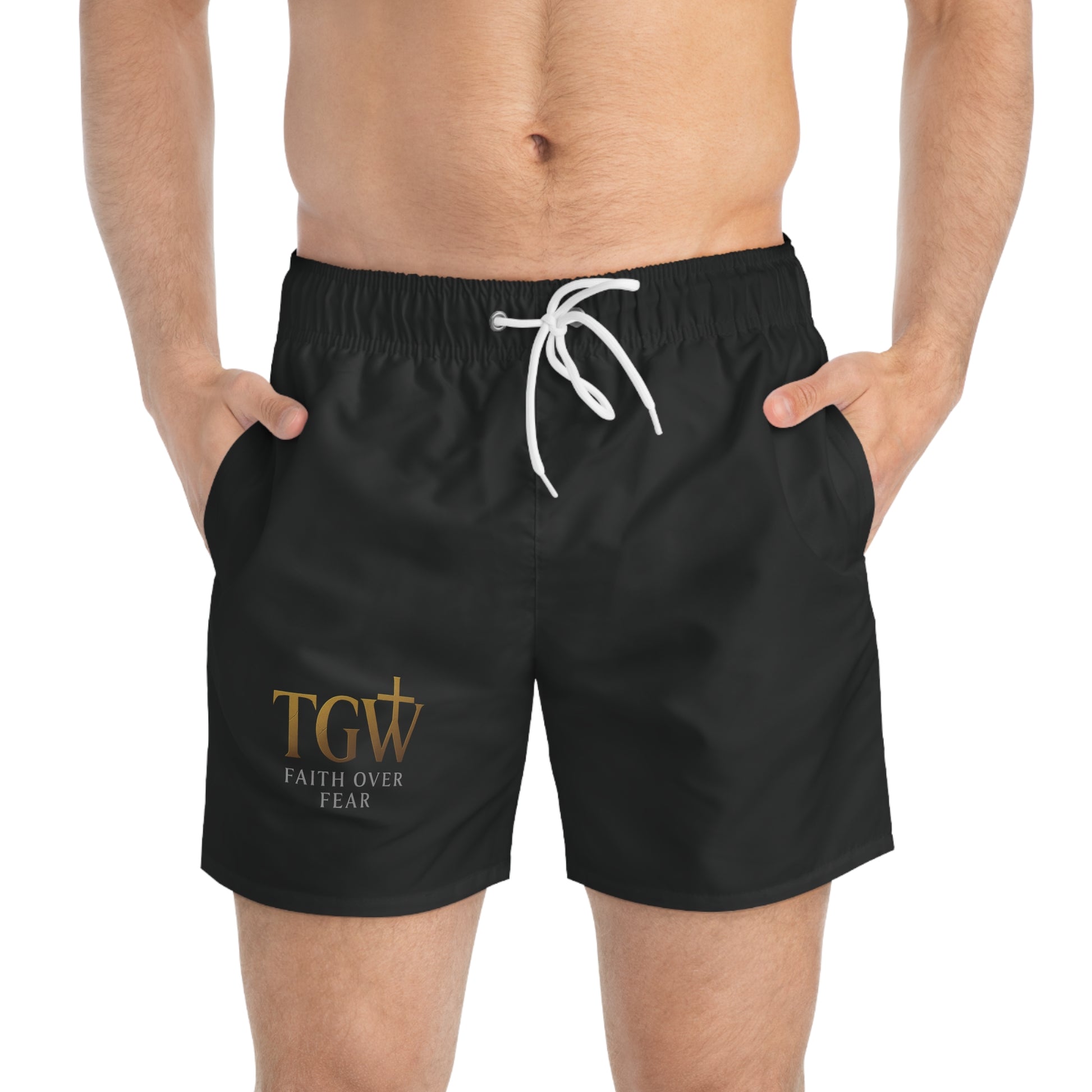 Faith Over Fear Swim Trunks, Comfortable Beachwear, Summer Swim Shorts, Trendy Poolside Attire, Men's Swimwear